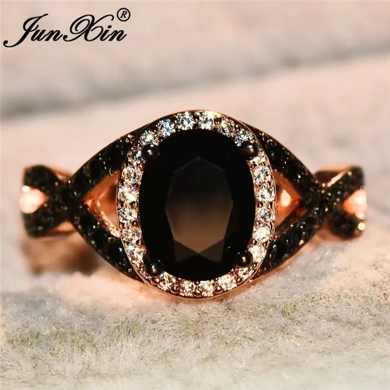 Exquisite Rose Gold Plated Large Oval Stone X Ring Women Filled Black Zircon Crystal Zircon Ring Female Wedding Ring Mother New Year Gift Princess Bride Engagement Wedding Ring Jewelry Size 4 5 6 7 8 9 10 11 - WORLD TIME VISITS