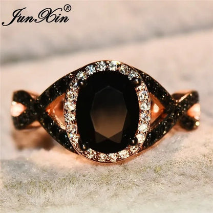 Exquisite Rose Gold Plated Large Oval Stone X Ring Women Filled Black Zircon Crystal Zircon Ring Female Wedding Ring Mother New Year Gift Princess Bride Engagement Wedding Ring Jewelry Size 4 5 6 7 8 9 10 11 - WORLD TIME VISITS