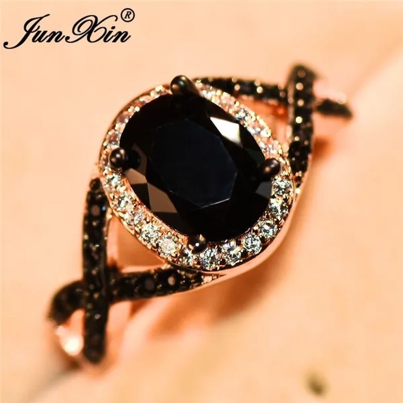 Exquisite Rose Gold Plated Large Oval Stone X Ring Women Filled Black Zircon Crystal Zircon Ring Female Wedding Ring Mother New Year Gift Princess Bride Engagement Wedding Ring Jewelry Size 4 5 6 7 8 9 10 11 - WORLD TIME VISITS