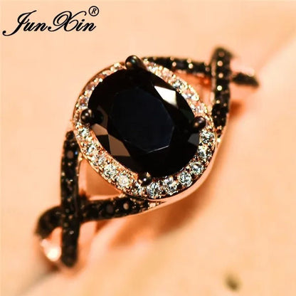 Exquisite Rose Gold Plated Large Oval Stone X Ring Women Filled Black Zircon Crystal Zircon Ring Female Wedding Ring Mother New Year Gift Princess Bride Engagement Wedding Ring Jewelry Size 4 5 6 7 8 9 10 11 - WORLD TIME VISITS