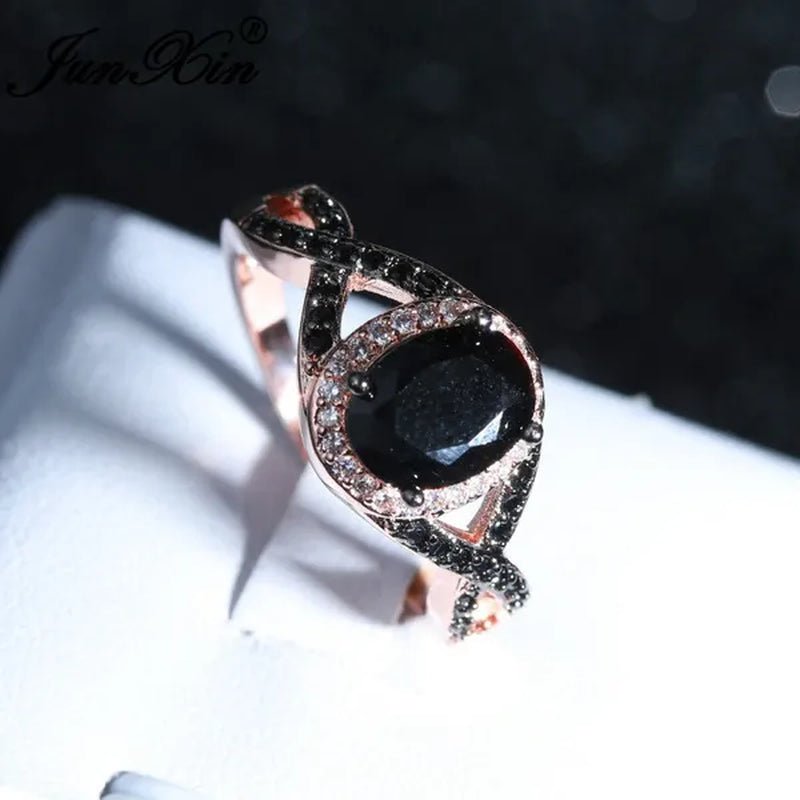 Exquisite Rose Gold Plated Large Oval Stone X Ring Women Filled Black Zircon Crystal Zircon Ring Female Wedding Ring Mother New Year Gift Princess Bride Engagement Wedding Ring Jewelry Size 4 5 6 7 8 9 10 11
