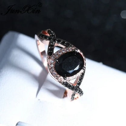 Exquisite Rose Gold Plated Large Oval Stone X Ring Women Filled Black Zircon Crystal Zircon Ring Female Wedding Ring Mother New Year Gift Princess Bride Engagement Wedding Ring Jewelry Size 4 5 6 7 8 9 10 11