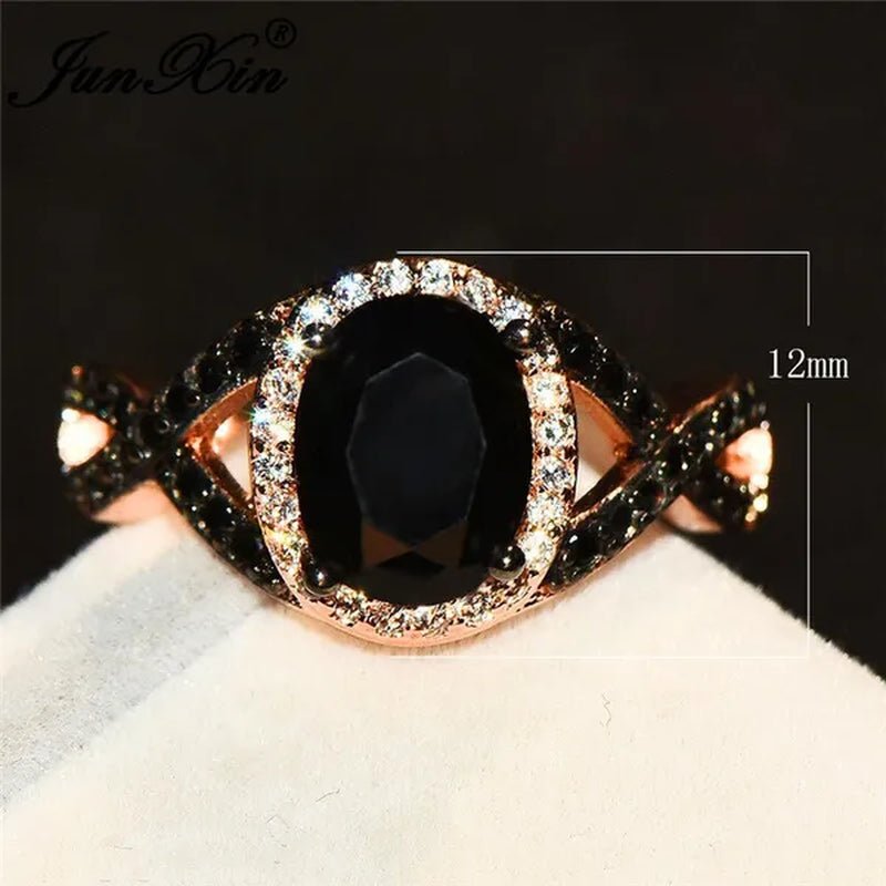 Exquisite Rose Gold Plated Large Oval Stone X Ring Women Filled Black Zircon Crystal Zircon Ring Female Wedding Ring Mother New Year Gift Princess Bride Engagement Wedding Ring Jewelry Size 4 5 6 7 8 9 10 11