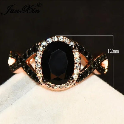 Exquisite Rose Gold Plated Large Oval Stone X Ring Women Filled Black Zircon Crystal Zircon Ring Female Wedding Ring Mother New Year Gift Princess Bride Engagement Wedding Ring Jewelry Size 4 5 6 7 8 9 10 11