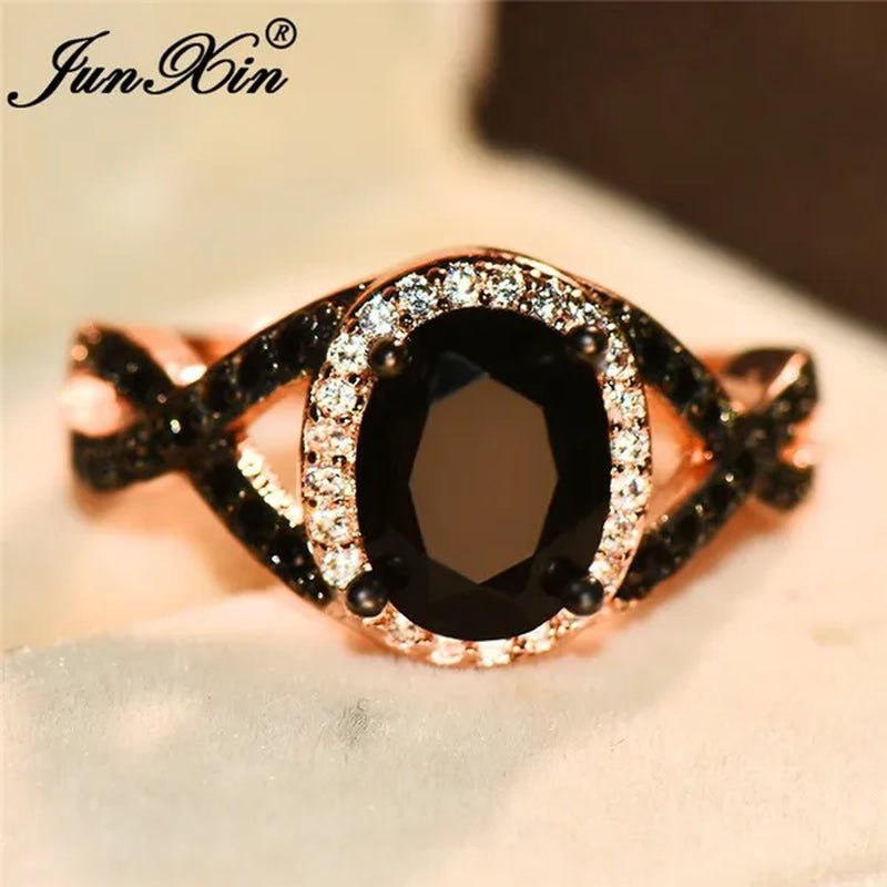 Exquisite Rose Gold Plated Large Oval Stone X Ring Women Filled Black Zircon Crystal Zircon Ring Female Wedding Ring Mother New Year Gift Princess Bride Engagement Wedding Ring Jewelry Size 4 5 6 7 8 9 10 11 - WORLD TIME VISITS