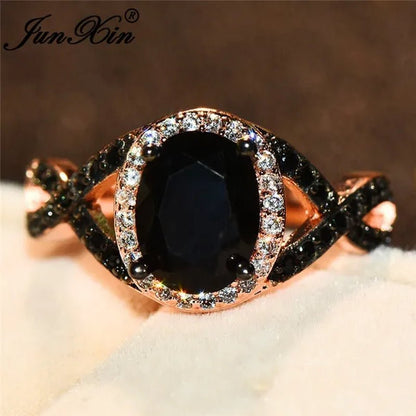 Exquisite Rose Gold Plated Large Oval Stone X Ring Women Filled Black Zircon Crystal Zircon Ring Female Wedding Ring Mother New Year Gift Princess Bride Engagement Wedding Ring Jewelry Size 4 5 6 7 8 9 10 11