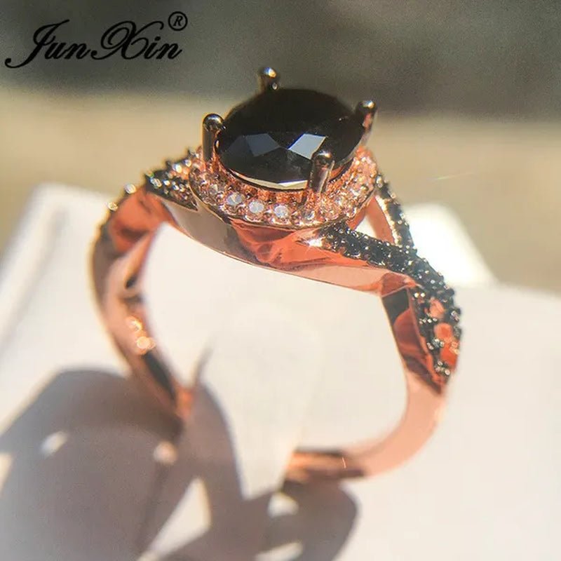 Exquisite Rose Gold Plated Large Oval Stone X Ring Women Filled Black Zircon Crystal Zircon Ring Female Wedding Ring Mother New Year Gift Princess Bride Engagement Wedding Ring Jewelry Size 4 5 6 7 8 9 10 11