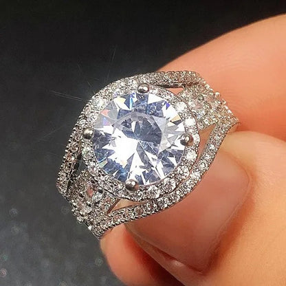 Exquisite Silver Plated Side Micro Inlay Moissanite Diamond Ring for Women Romantic Wedding Bridal Promise Eternity Jewelry