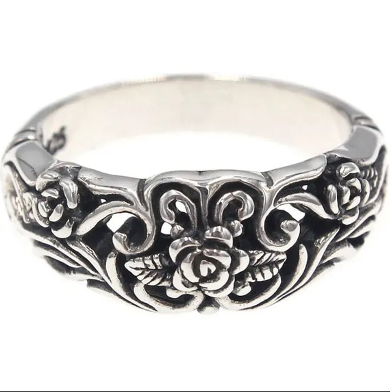 Exquisite silver-plated vintage silver black rose flower ring bride wedding party ring couple gift jewelry (size: 5-11)