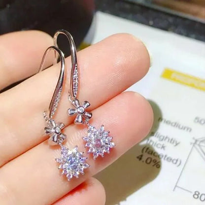 Exquisite Snowflake Shaped Brilliance Lab Diamond Drop Earrings Silver Plated Hook Earrings for Women Wedding Bridal Banquet Party Fashion Christmas Gift - WORLD TIME VISITS