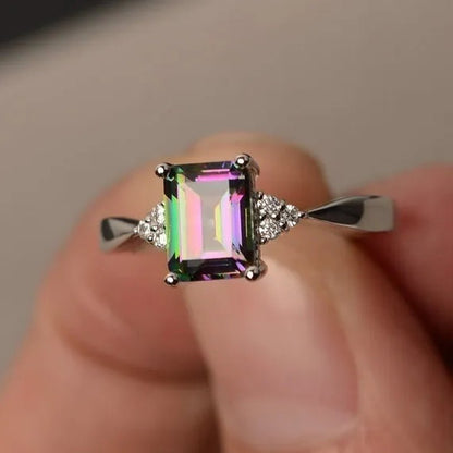 Exquisite Women's 925 Sterling Silver Ring Princess Cut Mystic Rainbow Topaz Engagement Diamond Jewelry Christmas Birthday Proposal Gift Halloween Party Wedding Band Rings Size 6 - 10