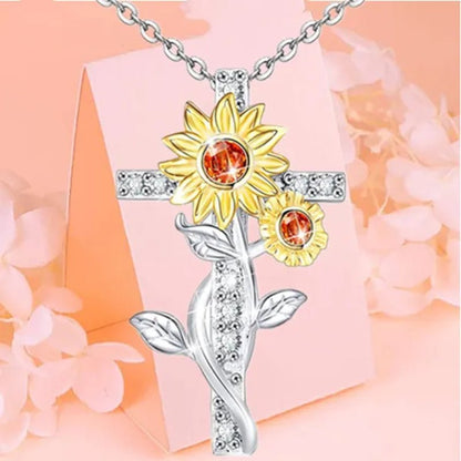 Exquisite Women's Creative Cross Sunflower Necklace Diamond Cross Necklace Couple Jewelry Luxury Diamond Pendant Necklaces for Women Wedding Banquet Birthday Anniversary Gift - WORLD TIME VISITS