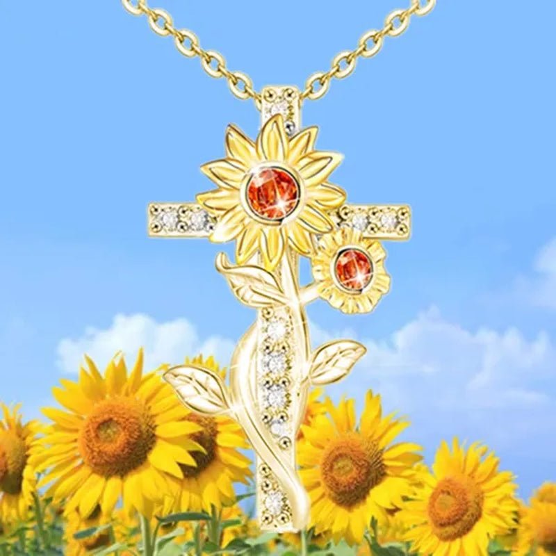 Exquisite Women's Creative Cross Sunflower Necklace Diamond Cross Necklace Couple Jewelry Luxury Diamond Pendant Necklaces for Women Wedding Banquet Birthday Anniversary Gift