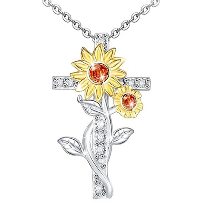Exquisite Women's Creative Cross Sunflower Necklace Diamond Cross Necklace Couple Jewelry Luxury Diamond Pendant Necklaces for Women Wedding Banquet Birthday Anniversary Gift