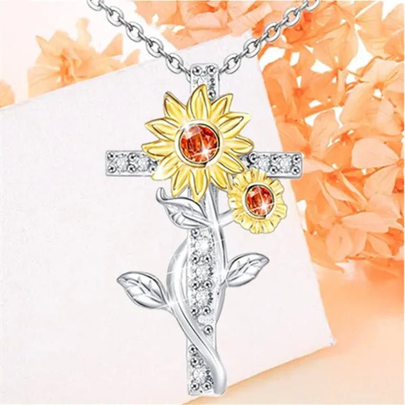 Exquisite Women's Creative Cross Sunflower Necklace Diamond Cross Necklace Couple Jewelry Luxury Diamond Pendant Necklaces for Women Wedding Banquet Birthday Anniversary Gift - WORLD TIME VISITS