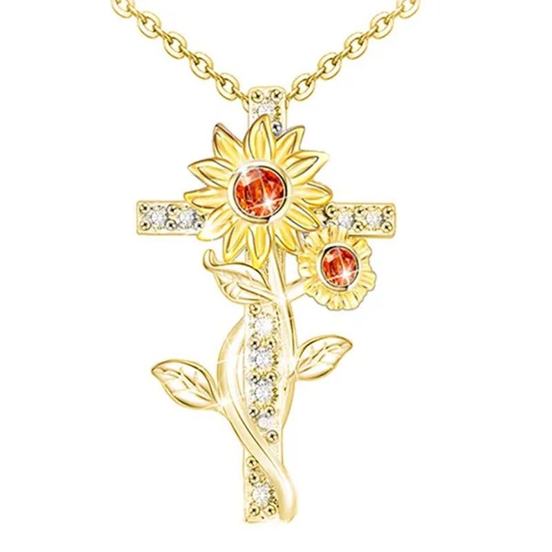 Exquisite Women's Creative Cross Sunflower Necklace Diamond Cross Necklace Couple Jewelry Luxury Diamond Pendant Necklaces for Women Wedding Banquet Birthday Anniversary Gift