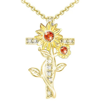 Exquisite Women's Creative Cross Sunflower Necklace Diamond Cross Necklace Couple Jewelry Luxury Diamond Pendant Necklaces for Women Wedding Banquet Birthday Anniversary Gift