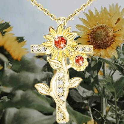 Exquisite Women's Creative Cross Sunflower Necklace Diamond Cross Necklace Couple Jewelry Luxury Diamond Pendant Necklaces for Women Wedding Banquet Birthday Anniversary Gift