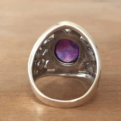 Exquisite Women's Vintage Rings, Ancient Silver Inlaid Purple Moonstone Opal Onyx Stone Beautifully Carved Flower Pattern Women's Fashion Jewelry, Party Banquet Business Casual Jewelry, Memorial Day Gift European and American Hot Selling