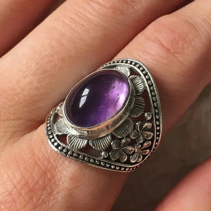 Exquisite Women's Vintage Rings, Ancient Silver Inlaid Purple Moonstone Opal Onyx Stone Beautifully Carved Flower Pattern Women's Fashion Jewelry, Party Banquet Business Casual Jewelry, Memorial Day Gift European and American Hot Selling
