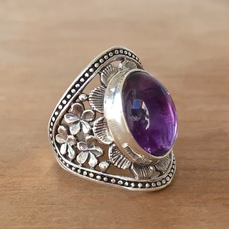 Exquisite Women's Vintage Rings, Ancient Silver Inlaid Purple Moonstone Opal Onyx Stone Beautifully Carved Flower Pattern Women's Fashion Jewelry, Party Banquet Business Casual Jewelry, Memorial Day Gift European and American Hot Selling