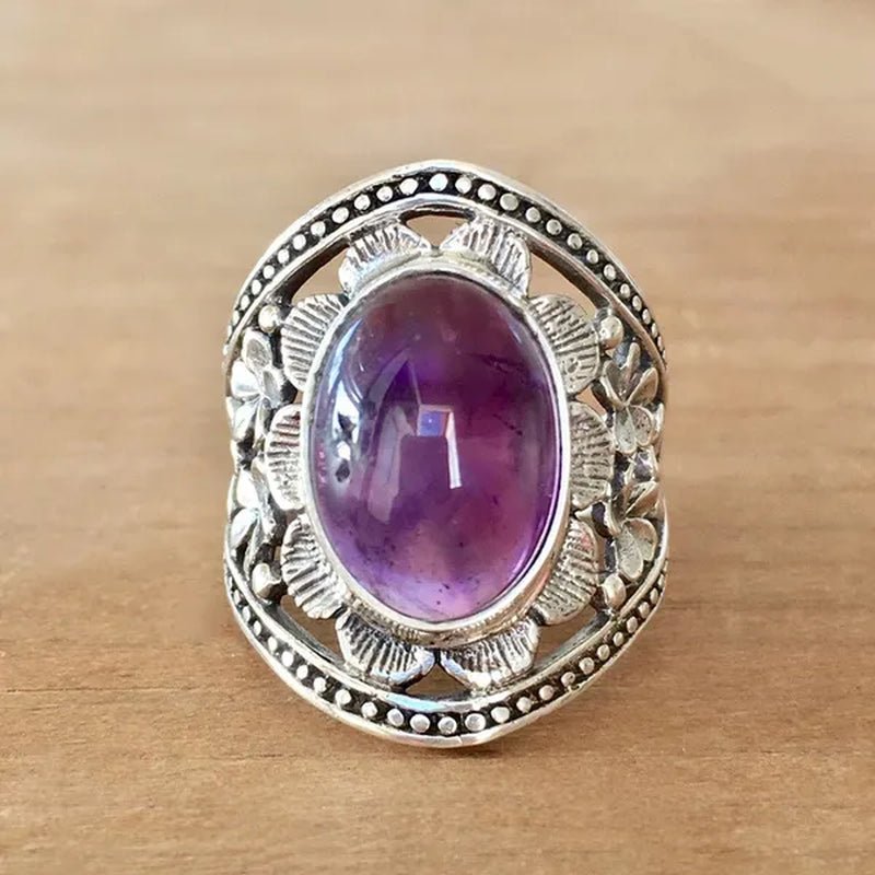 Exquisite Women's Vintage Rings, Ancient Silver Inlaid Purple Moonstone Opal Onyx Stone Beautifully Carved Flower Pattern Women's Fashion Jewelry, Party Banquet Business Casual Jewelry, Memorial Day Gift European and American Hot Selling - WORLD TIME VISITS