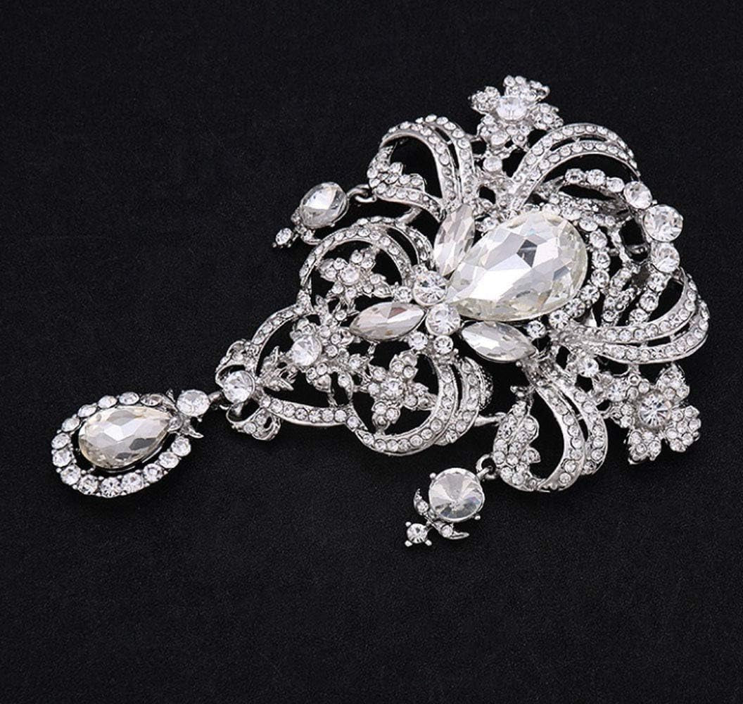 Extra LARGE Antique Vintage Art Deco Victorian Style Silver Tone Imitation Diamond Clear Rhinestone Statement Bridal Wedding Brooch Pin