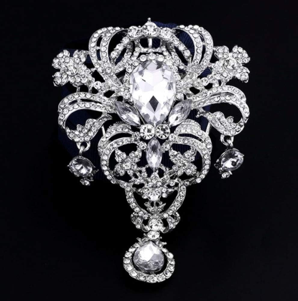 Extra LARGE Antique Vintage Art Deco Victorian Style Silver Tone Imitation Diamond Clear Rhinestone Statement Bridal Wedding Brooch Pin - WORLD TIME VISITS