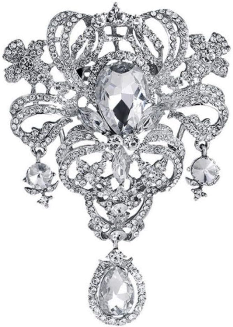 Extra LARGE Antique Vintage Art Deco Victorian Style Silver Tone Imitation Diamond Clear Rhinestone Statement Bridal Wedding Brooch Pin - WORLD TIME VISITS