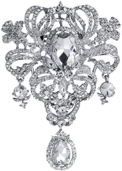 Extra LARGE Antique Vintage Art Deco Victorian Style Silver Tone Imitation Diamond Clear Rhinestone Statement Bridal Wedding Brooch Pin - WORLD TIME VISITS