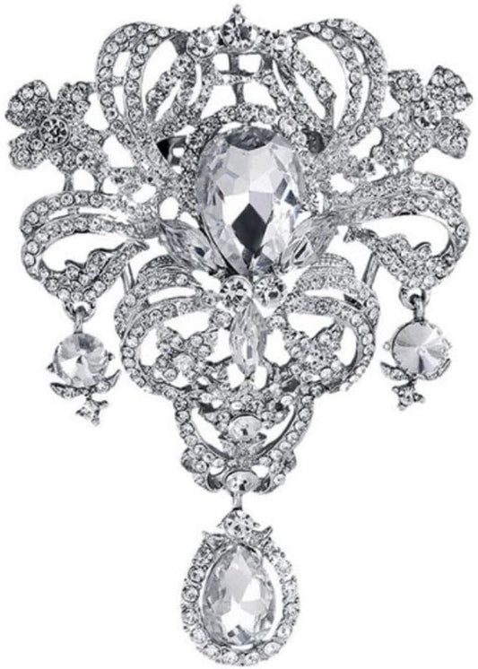 Extra LARGE Antique Vintage Art Deco Victorian Style Silver Tone Imitation Diamond Clear Rhinestone Statement Bridal Wedding Brooch Pin - WORLD TIME VISITS