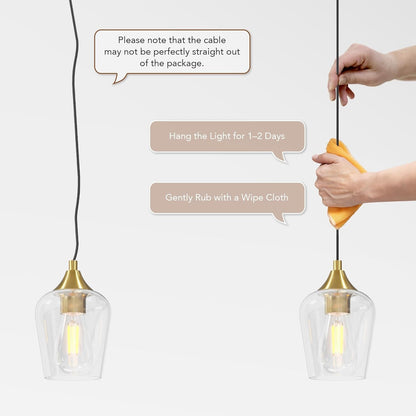 Pendant Light Kitchen Island, Brushed Gold Pendant Light Fixture with E26 Base & Adjustable Cable, Modern Pendant Lighting with Glass Shade for Living Room Bedroom Hallway