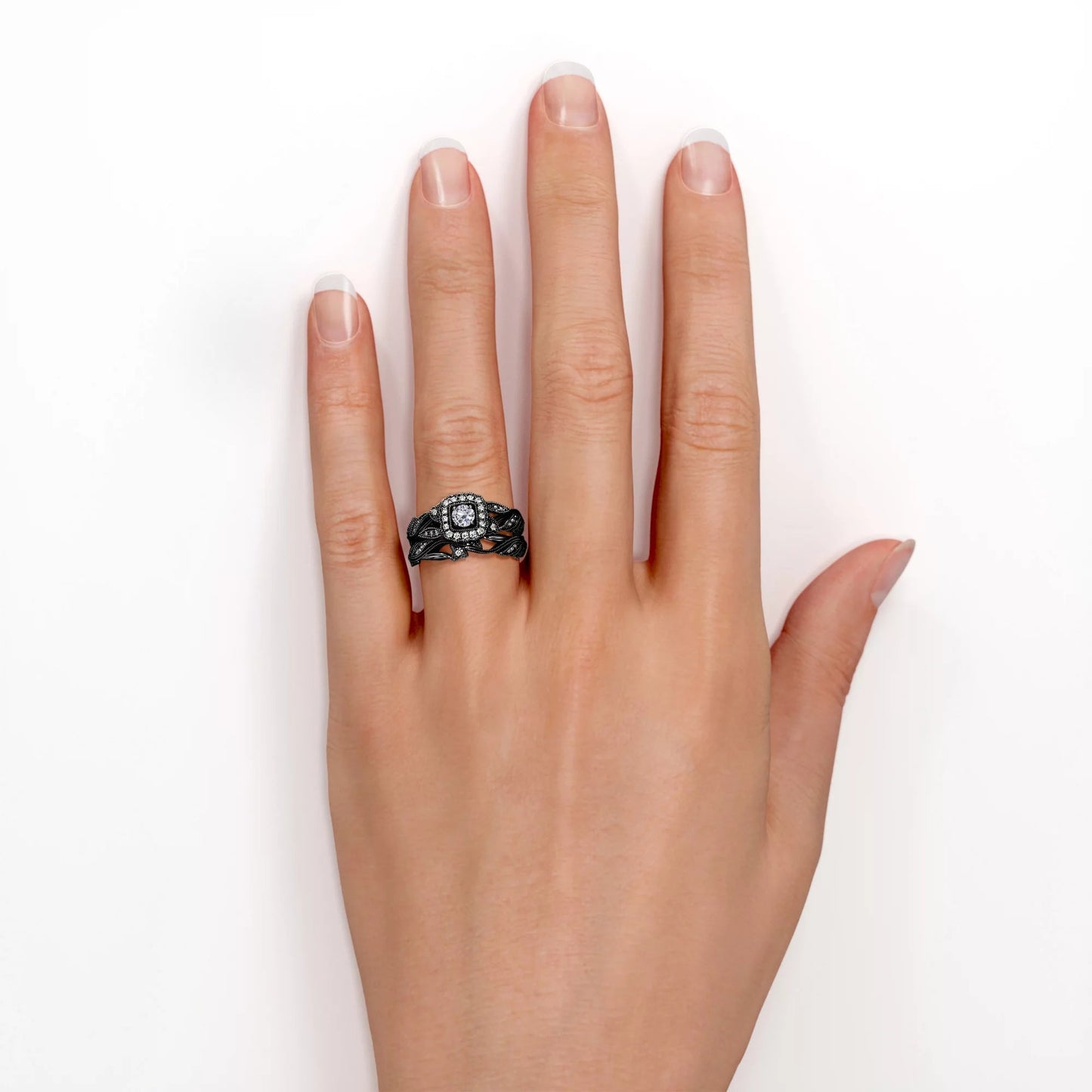 round Diamond - Edwardian Diamond Filigree Ring - Art Deco Style - Wedding Ring Set in 10K Black Gold