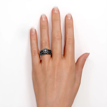 round Diamond - Edwardian Diamond Filigree Ring - Art Deco Style - Wedding Ring Set in 10K Black Gold