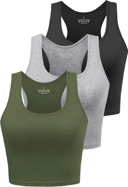 Sports Crop Tank Tops for Women Cropped Workout Tops Racerback Running Yoga Tanks Cotton Sleeveless Gym Shirts 3 Pack - WORLD TIME VISITS