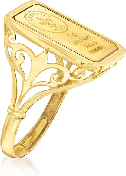 Italian 24Kt Yellow Gold Fleur-De-Lis 1-Gram Ingot Ring with 14Kt Yellow Gold Band