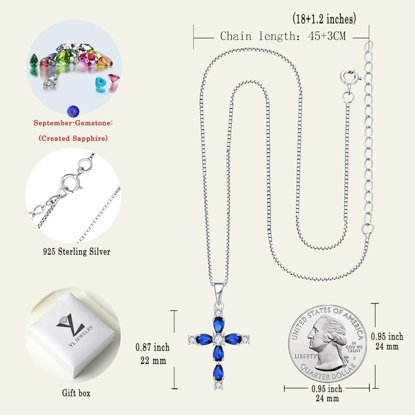 Cross Necklace for Women 925 Sterling Silver Halo Gemstone Pendant Birthstone Religious Jewelry for Mom