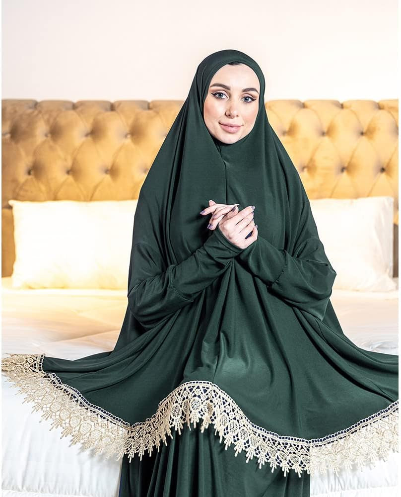 Women'S Prayer Dress 2 Pieces Lycra Solid Color plus Long Sleeve | One-Size | Hijab Abaya Suit