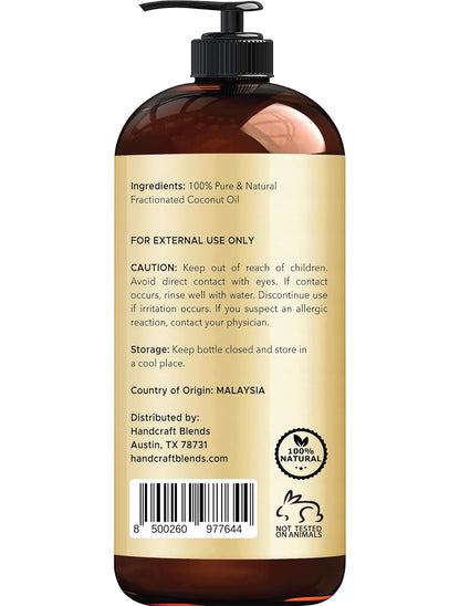 Fractionated Coconut Oil - 16 Fl Oz - 100% Pure and Natural - Premium Grade Carrier Oil for Skin, Hair and Body - Massage - Hair Tonic