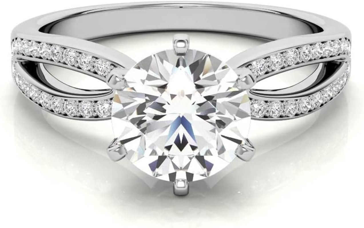 10K White Gold and 925 Sterling Silver 0.87 Carat round Brilliant Shape White Color Moissanite Diamond Pave Split Shank Wedding Ring for Her - WORLD TIME VISITS