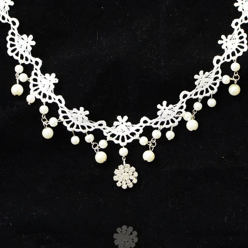 White Lace Necklace Chokers Black Collares Vintage Style Female Gothic Wedding Red Rose Crystal Diamond Pendant Collarbone Necklaces Chain Accessories for Women Girls