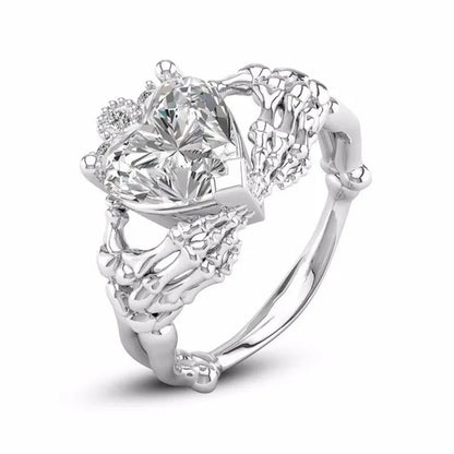 Claddagh White Sapphire Heart Punk Skeleton Hands Diamond Promise Proposal Engagement Wedding Band Rings Size 5 - 12