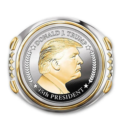 925 Sterling Silver Plated Mens Fashion Ring Two Tone 18K Gold Plated"Make America Great Again" USA President Trump Statue Commemorative Coin Rings General Election Trump Supporters Jewelry Successfully Elected Souvenir Gift Size 6 - 13 - WORLD TIME VISITS