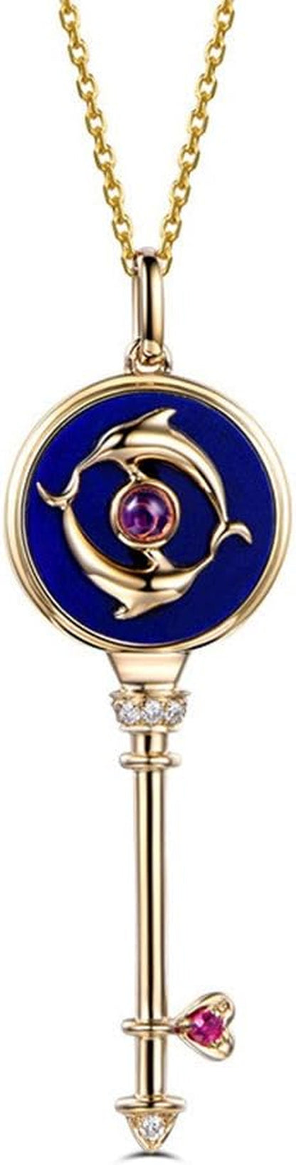 Lapis Lazuli Red Tourmaline Diamond Key Pendant Necklace Solid 14K Yellow Gold Unique Dolphin Lazurite