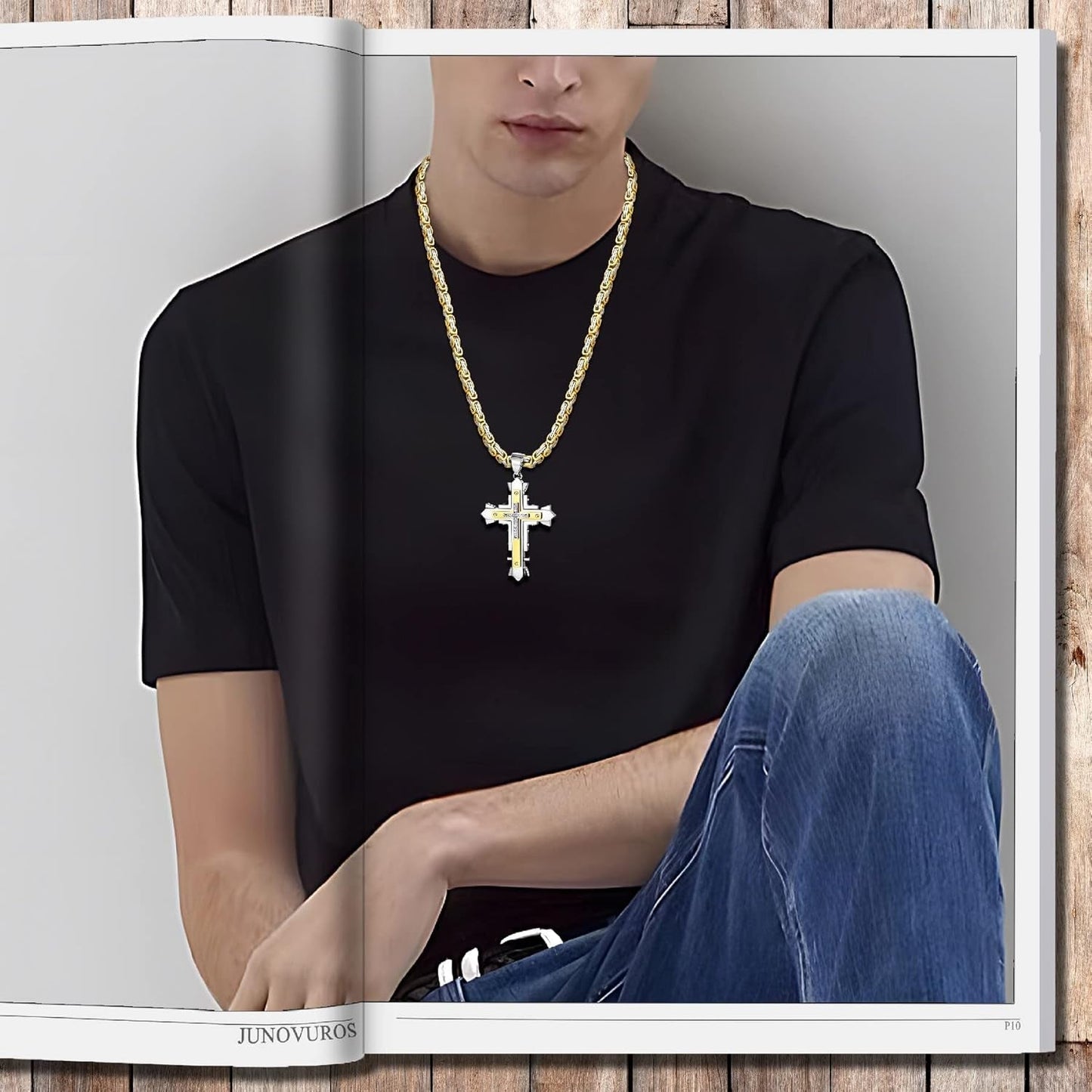 Stainless Steel Jesus Christ Cross Pendant Necklace for Men, 20 to 28 in Rolo/Byzantine Chain, 2 Sizes of Religious Jewelry with Silver/Gold/Black