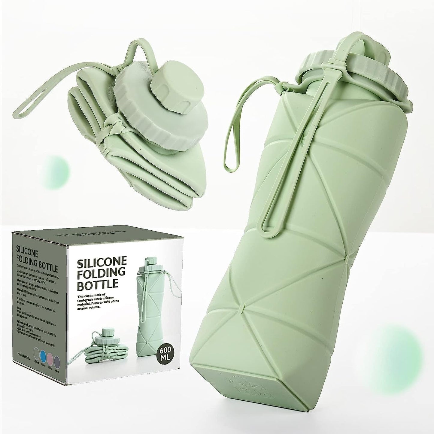 Collapsible Water Bottle, Silicone Foldable Water Bottles for Travel, Easy-To-Carry Design and Compact Size, BPA Free, 20 Oz (Green) - WORLD TIME VISITS