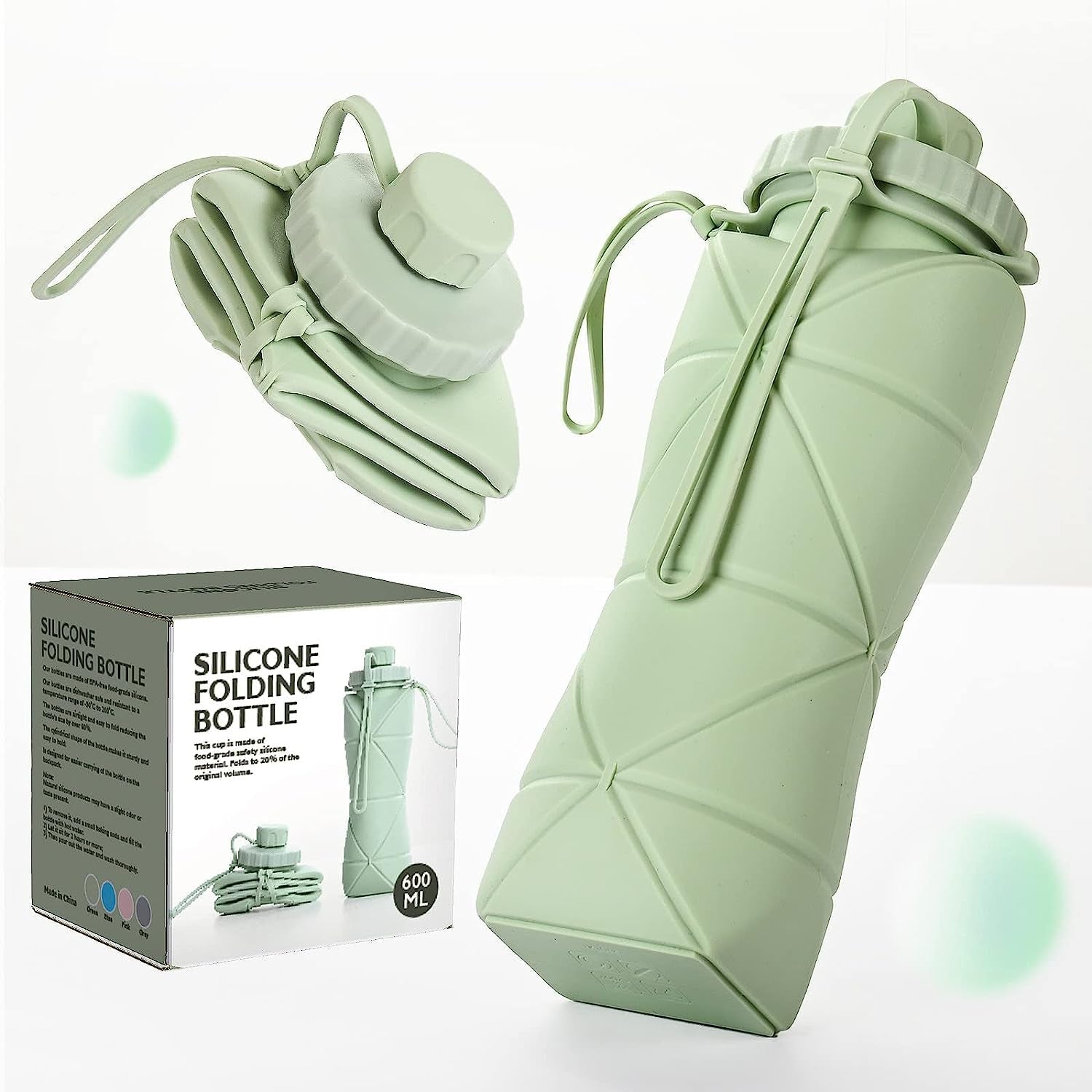 Collapsible Water Bottle, Silicone Foldable Water Bottles for Travel, Easy-To-Carry Design and Compact Size, BPA Free, 20 Oz (Green) - WORLD TIME VISITS