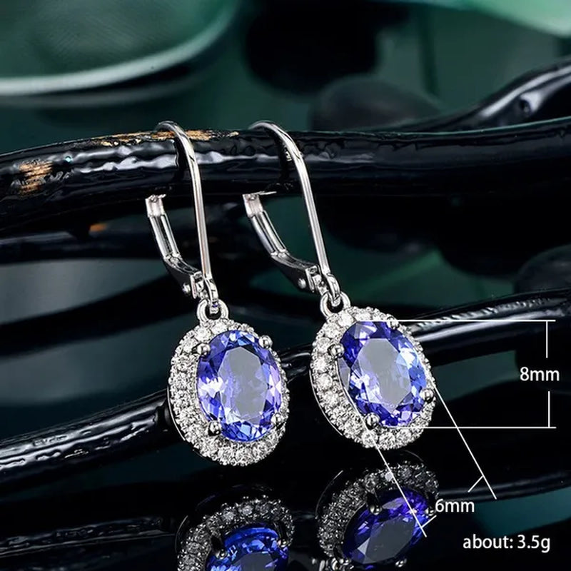 Exquisite 4 Prong Setting Oval Blue Sapphire Side Micro Inlay Diamond Drop Earring for Women Engagement Wedding Jewelry