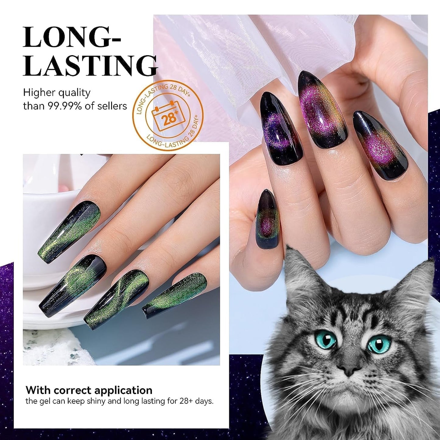 9D Cat Eye Gel Nail Polish, Magnetic Cat Eye Gel Polish Set, 10Ml*6 with 2 Magnets, Classic Colors Chameleon Magic Galaxy Effect Soak off Nail Art - Sparkle Stunning Gel Polish Gift for Women