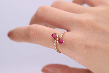 10K Yellow Gold Mozambique Genuine Ruby Ring with Diamonds for Women | Ethically, Authentically & Organically Sourced (Pear-Cut) Shaped Ruby Hand-Crafted Jewelry for Her | Ruby Ring for Women